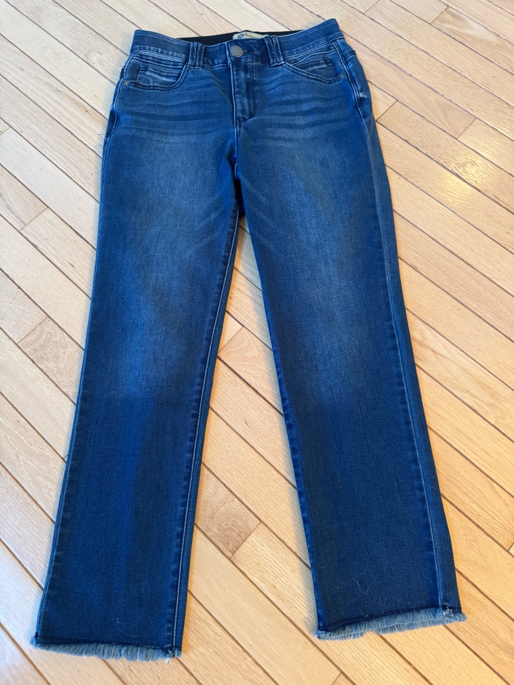 Democracy Size 4 Dark Blue Distressed Straight-Leg Jeans with raw hem. NWOT